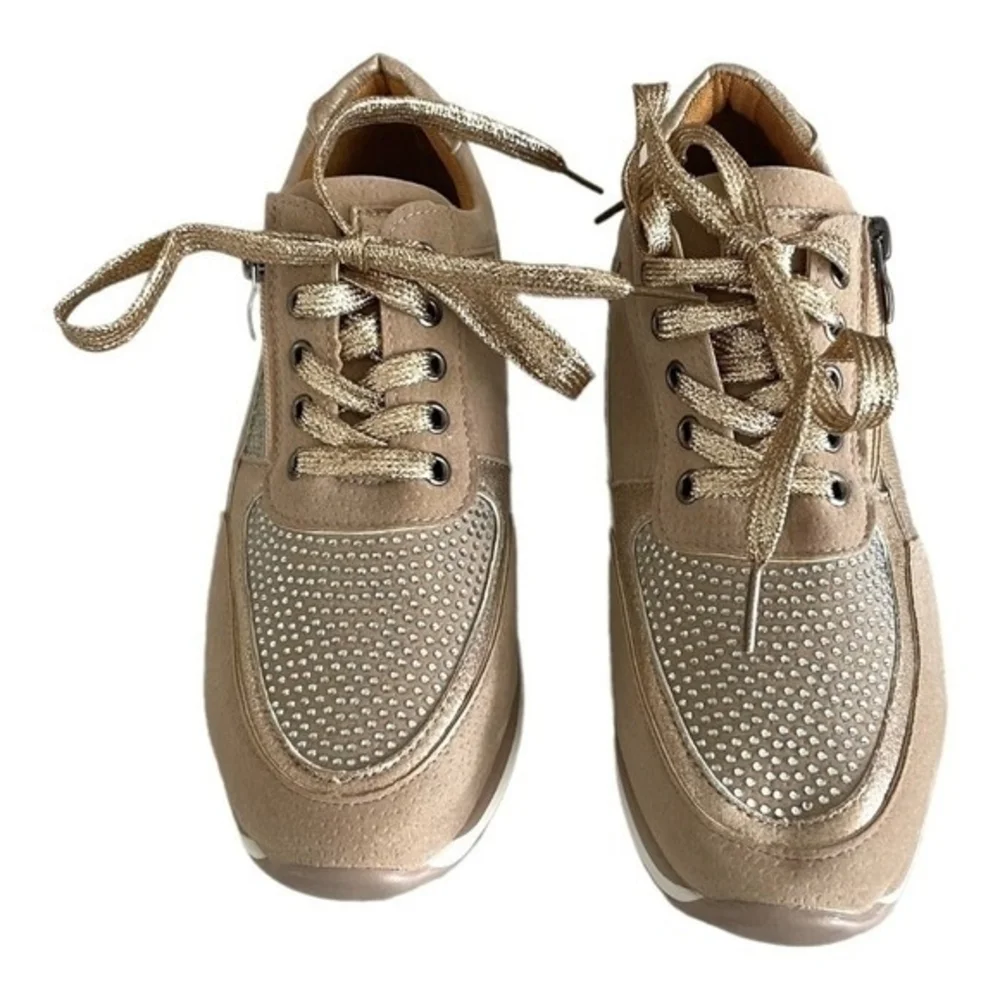 New Metallic Gold Tan White Zip Up Lace Up Bandage Trainers Women’s Size 6